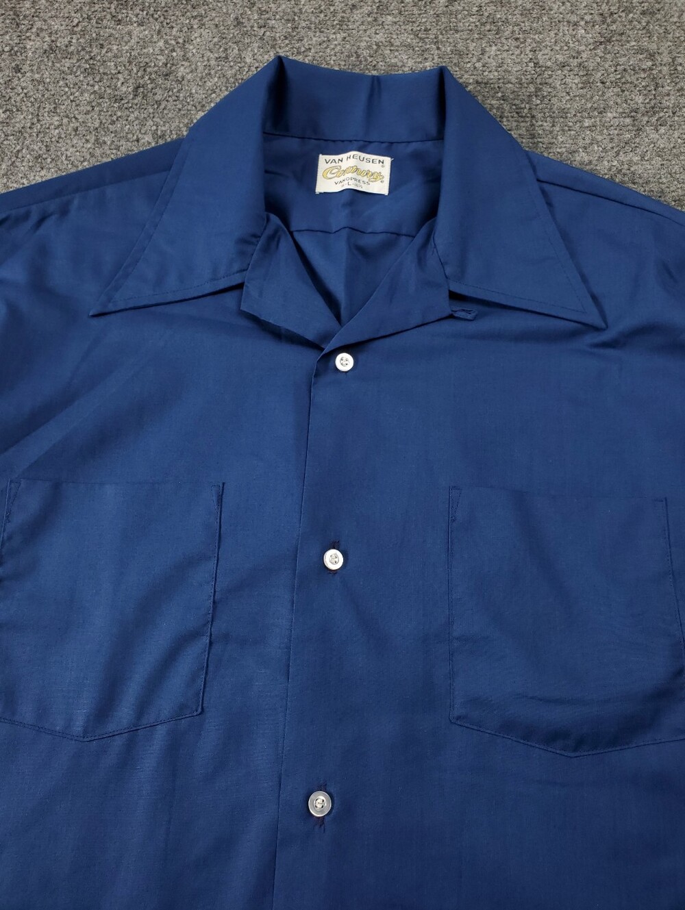 Vintage 60s Van Heusen Loop Collar Shirt Century VanoPress Large Rockabilly Blue - Picture 5 of 9